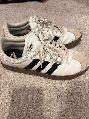 adidas White Leather Sneakers with Black Stripes and Brown Sole